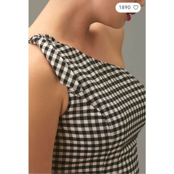 NEW By Anthropologie Black & White One-Shoulder Drop Waist Gingham Dress Small - Picture 7 of 7